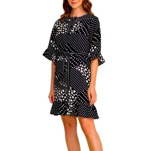 NWT-Joseph Ribkoff-Mixed Print Dress w/Removable Belt-Flounce Sleeves & Hem-Sz 8